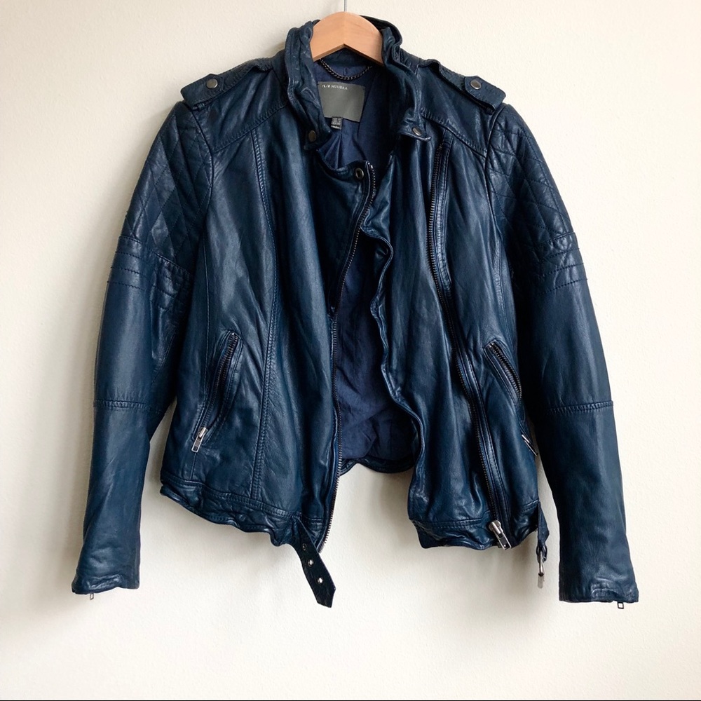 Muubaa Nido Quilted Navy Ink Biker Leather Jacket - Picture 5 of 8